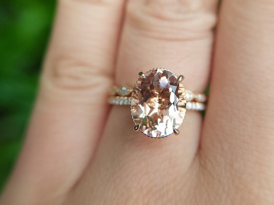 9x11mm Oval Cut Morganite Engagement Ring Set 2pcs 14K Rose Gold Diamond Half Eternity Solitaire | Thin Matching Band