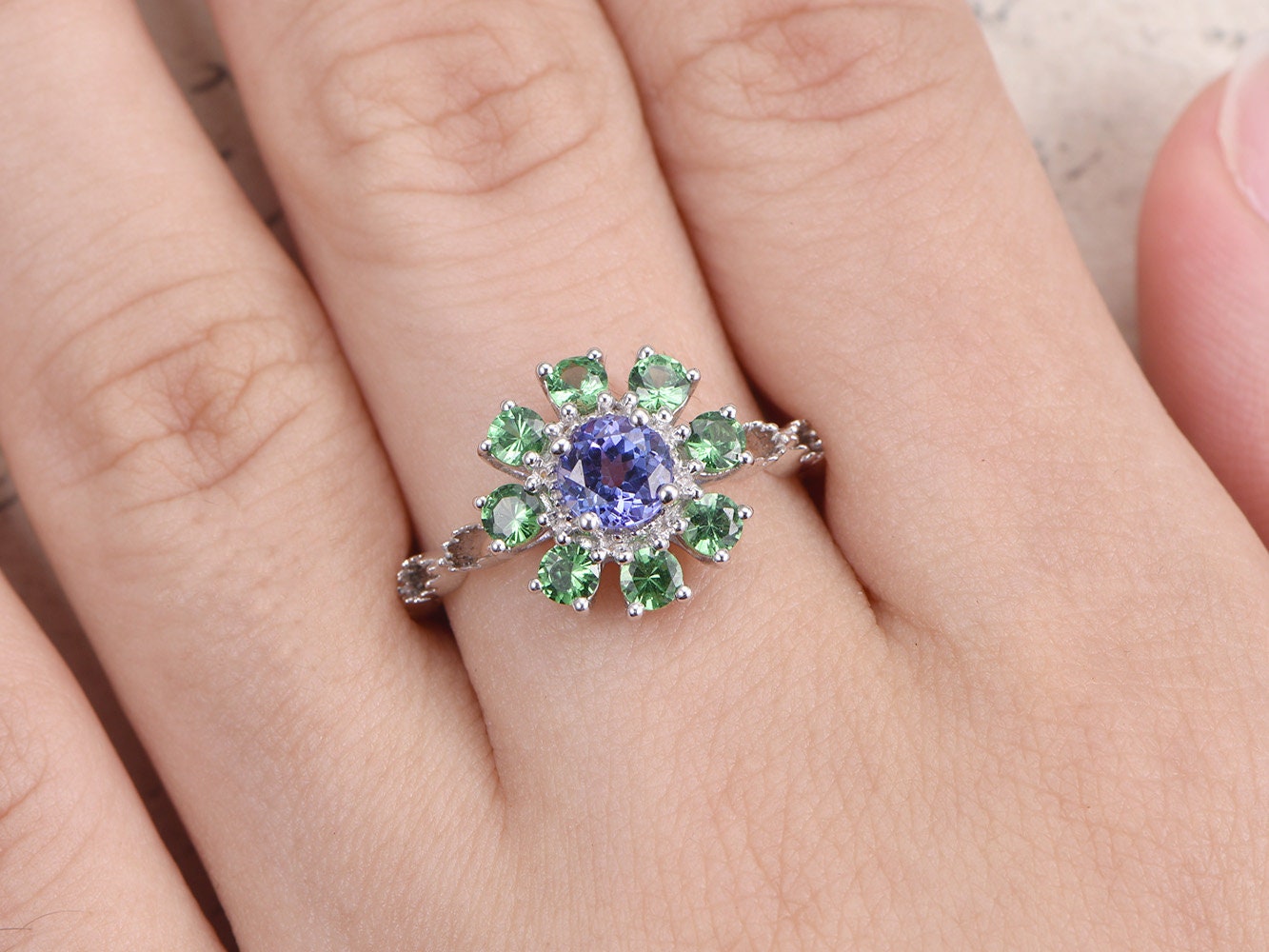 5mm Round Cut Tanzanite Engagement Ring 14K White Gold Tsavorite Halo Design