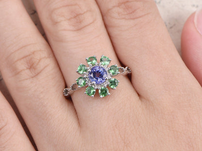 5mm Round Cut Tanzanite Engagement Ring 14K White Gold Tsavorite Halo Design