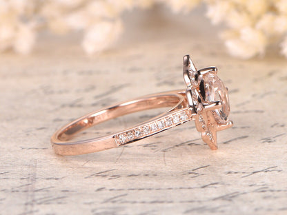 6.5mm-cushion-cut-morganite-engagement-ring-14k-rose-gold-floral-leaf-diamond-halo-half-eternity