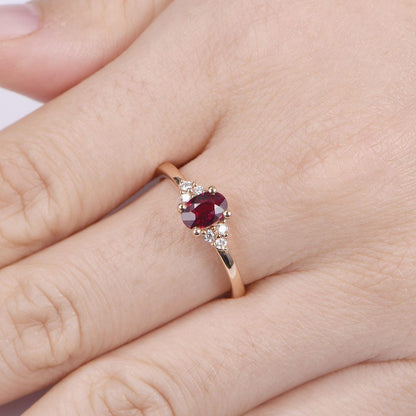 Bague de fiançailles en or rose 14 carats avec rubis rouge VS, anneau simple, bague de promesse en diamant, bague avec rubis ovale traité en laboratoire, alliance en diamant.