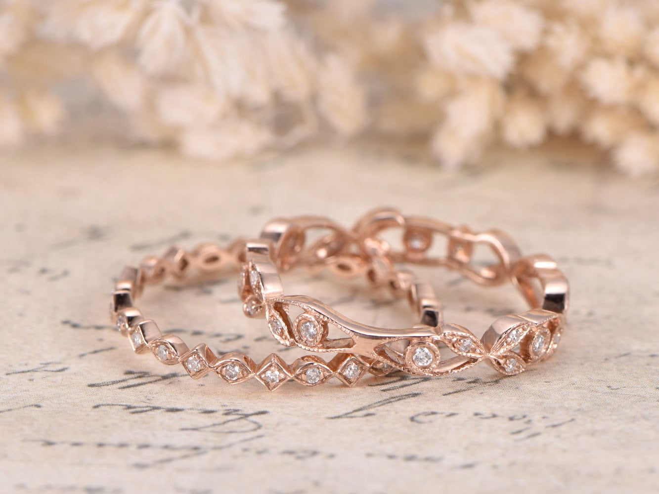 diamond-wedding-band-set-2pcs-14k-rose-gold-full-eternity-band-bezel-art-deco-design