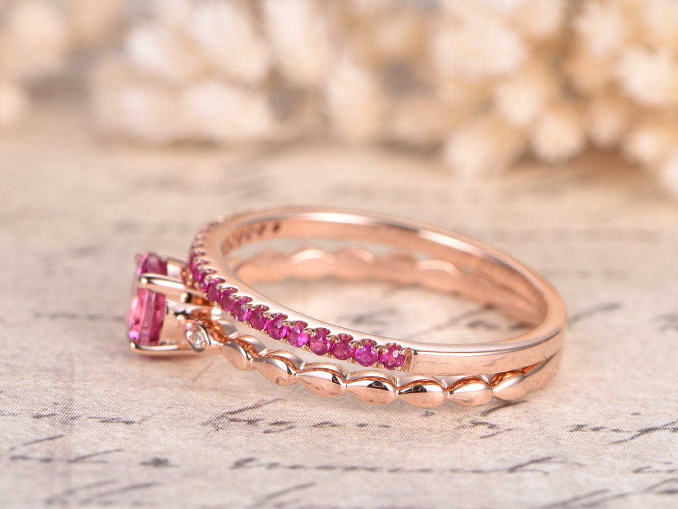 5mm-round-cut-pink-tourmaline-engagement-ring-set-2pcs-14k-rose-gold-diamond-accent-ruby-thin-matching-band