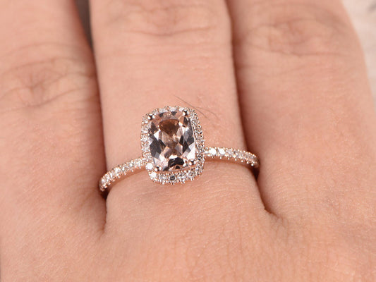 Bague de fiançailles en morganite, alliance en or rose et diamants, bague de mariage avec diamants taille coussin et halo, bague de promesse, alliance demi-éternité, bague femme