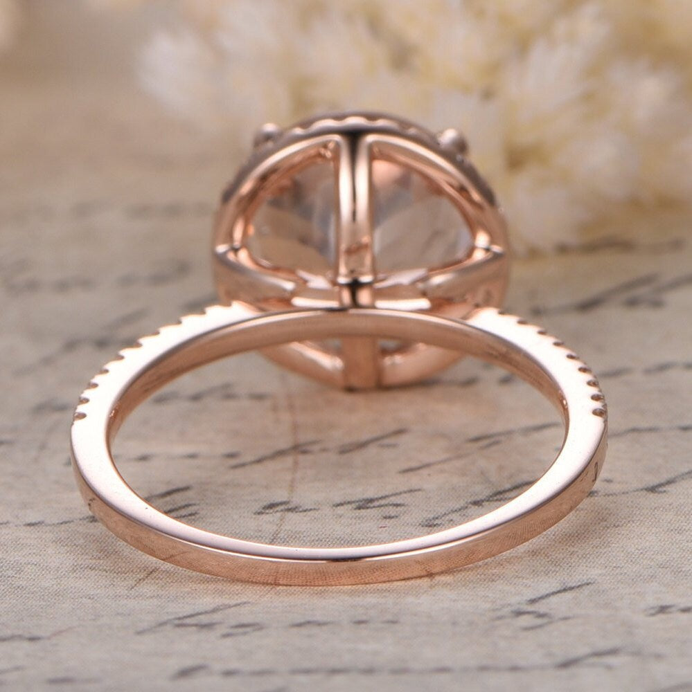 Bague de fiançailles en or rose 14 carats avec morganite et diamants, alliance sertie d'un halo de diamants, bague de fiançailles avec morganite ronde de 9 mm, bague de promesse de mariage
