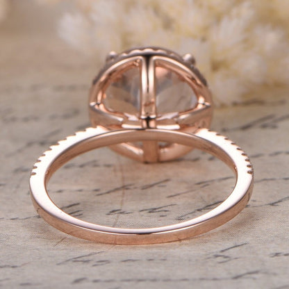 Bague de fiançailles en or rose 14 carats avec morganite et diamants, alliance sertie d'un halo de diamants, bague de fiançailles avec morganite ronde de 9 mm, bague de promesse de mariage