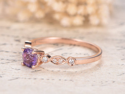 Bague de fiançailles en améthyste, alliance en or rose 14 carats sertie de diamants, demi-alliance, bague de mariage, améthyste de 5 mm, bague femme, bague de promesse