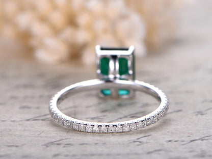 Bague de fiançailles en or blanc 14 carats avec émeraude 6x8 mm, pierre de naissance de mai, bague de mariée, alliance sertie de diamants, bague de promesse unique