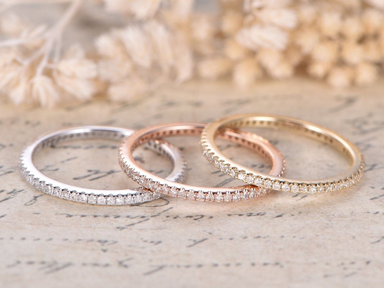 Ensemble de bagues en diamants, alliance sertie de diamants sur toute l'éternité, bague de fiançailles en or blanc 14 carats, ensemble de 3 bagues de mariage, bague d'anniversaire
