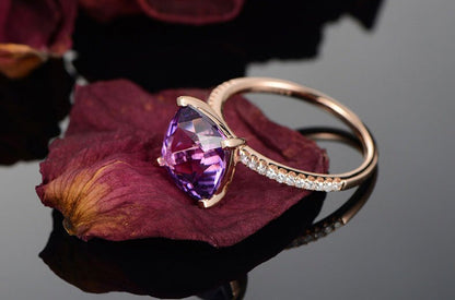 9mm Cushion Cut Amethyst Engagement Ring 14K Rose Gold Diamond Half Eternity