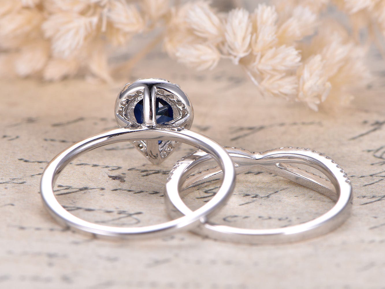 6x8mm Pear Cut Blue Sapphire Engagement Ring Set 2ps 14K White Gold And Diamond Split Shank Band
