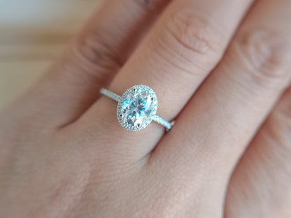 Bague en or blanc avec moissanite VVS 6x8 mm, bague de fiançailles ovale en moissanite 1,5 ct, alliance en or rose 14 carats avec halo de moissanite pour femme