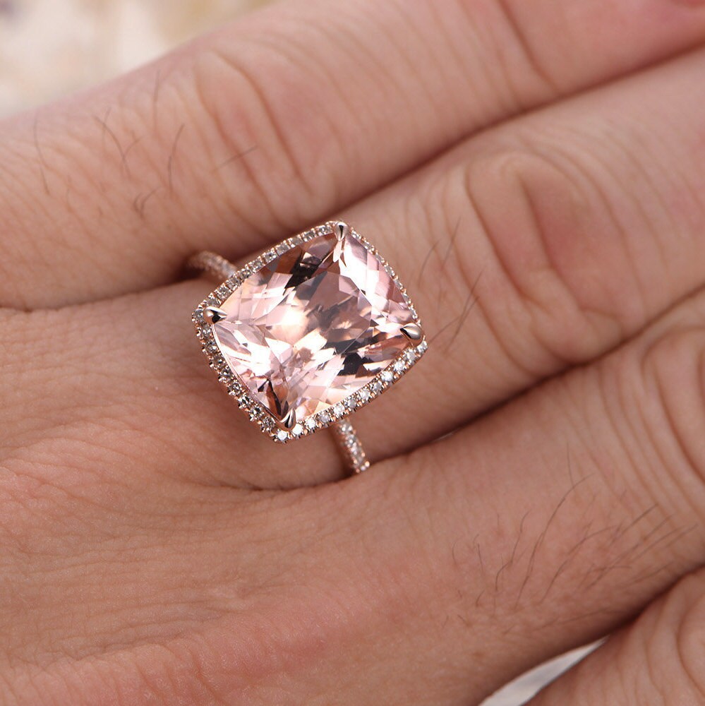 Bague en or rose 14 carats sertie de morganite, bague de fiançailles pavée de diamants, alliance avec halo de diamants, morganite taille coussin 10x12 mm