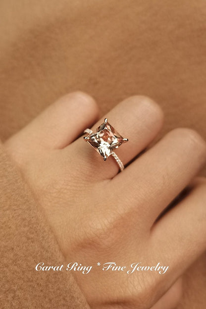 Bague en or rose 14 carats massif, sertie d'une morganite taille princesse de 9 mm, bague de fiançailles en morganite, bague solitaire en morganite, alliance pavée de diamants et morganite.