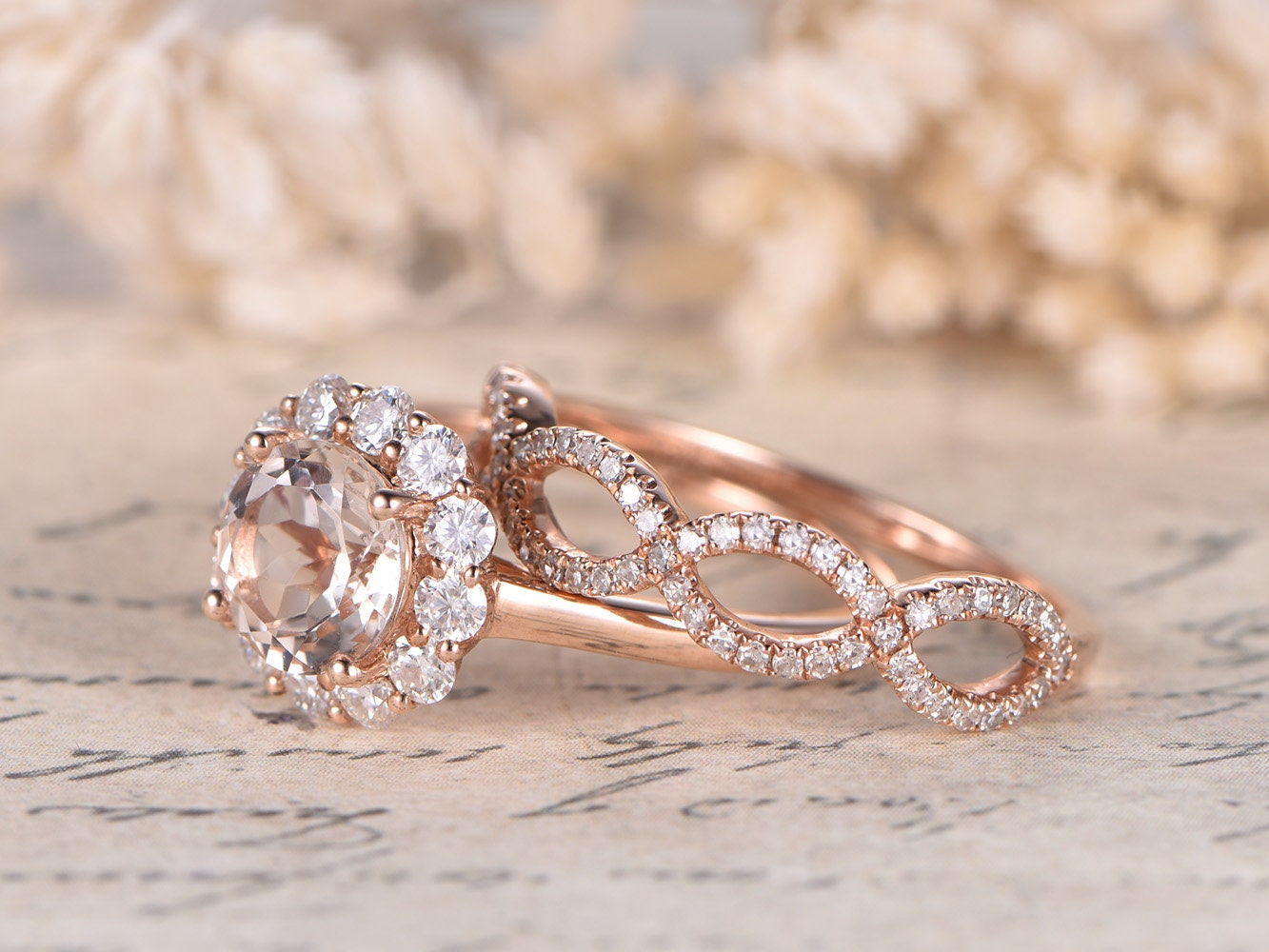 7mm-round-cut-morganite-engagement-ring-set-2pcs-14k-rose-gold-floral-halo-moissanite-diamond-twist-matching-band