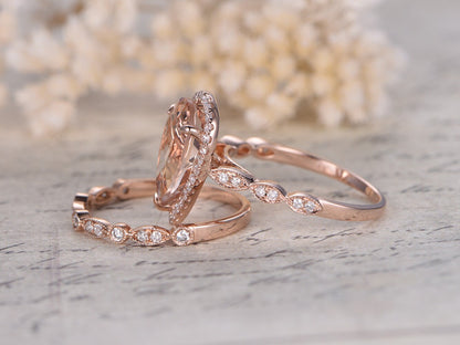 8x12mm Pear Cut Morganite Engagement Ring Set 2pcs 14K Rose Gold Diamond Halo | Art Deco Matching Band