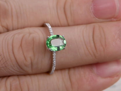 5x7mm Oval Cut Tsavorite Engagement Ring 14K White Gold Diamond Half Eternity Solitaire