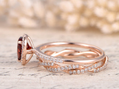 5x7mm Pear Cut Garnet Engagement Ring Set 2pcs 14K Rose Gold Diamond Halo | Full Eternity Twist Matching Band