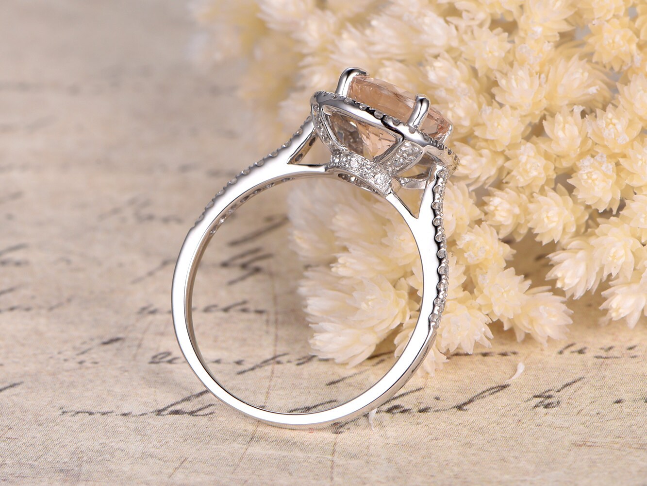 Bague de fiançailles en morganite de 9 mm, alliance en or blanc 14 carats sertie de diamants pavés, bague solitaire avec halo de diamants, alliance en diamants pour femme