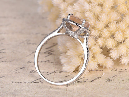 Bague de fiançailles en morganite de 9 mm, alliance en or blanc 14 carats sertie de diamants pavés, bague solitaire avec halo de diamants, alliance en diamants pour femme