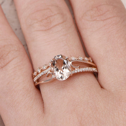 Bague de fiançailles en morganite, alliance en or rose 14 carats et diamants (ensemble de 2 bagues de promesse), bague en morganite 6x8 mm sertie de diamants sur toute l'éternité