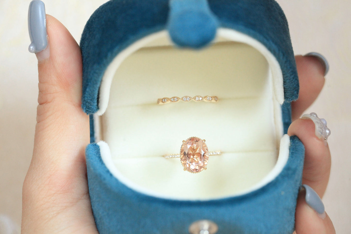 9x11mm-oval-cut-morganite-engagement-ring-set-2pcs-14k-rose-gold-solitaire-half-eternity-diamond-art-deco-band