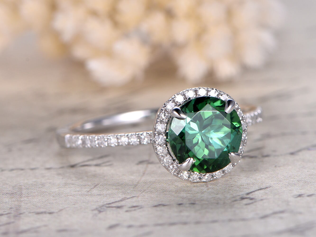 7mm Round Cut Green Tourmaline Engagement Ring 14K White Gold Diamond Halo Half Eternity