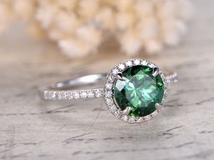 7mm Round Cut Green Tourmaline Engagement Ring 14K White Gold Diamond Halo Half Eternity