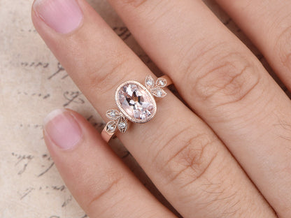 6x8mm Oval Cut Morganite Engagement Ring 14K Rose Gold Diamond Floral Plain Band