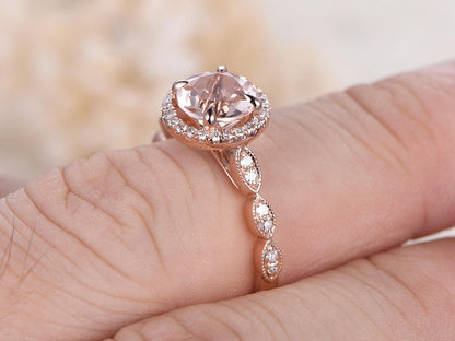Bague en or rose 14 carats avec morganite rose de 7 mm, alliance sertie de diamants pavés et bague de promesse avec diamant marquise.