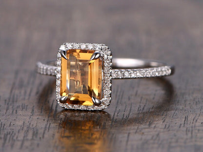 6x8mm Emerald Cut Citrine Engagement Ring 14K White gold Diamond Halo Half Eternity