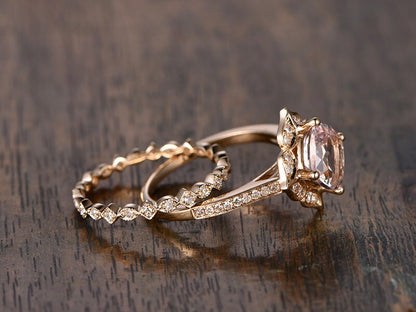 8mm Cushion Cut Moganite Engagement Ring Set 2pcs 14K Yellow Gold Diamond Halo | Art Deco Full Eternity Matching Band