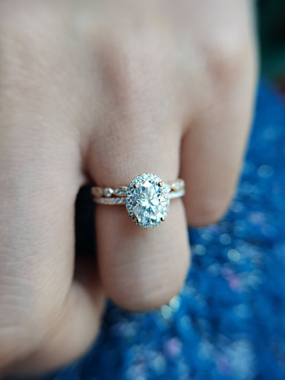 Ensemble de bagues de fiançailles en moissanite ovale, or blanc, alliance en moissanite 6x8 mm, bague de mariage en diamant, bagues en moissanite, ensemble de 2 bagues vintage