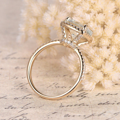 8mm Cushion Cut White Topaz Engagement Ring 14K Yellow Gold Diamond Halo