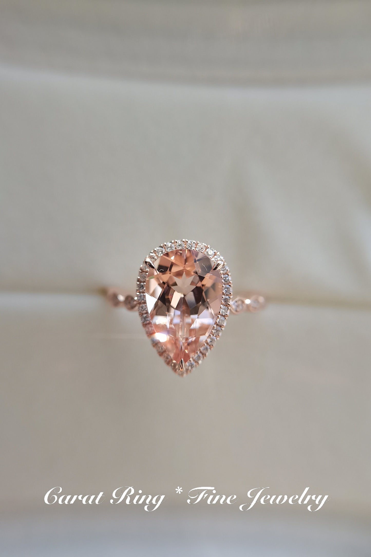 Bague de fiançailles en morganite taille poire, alliance style Art déco antique, pierre précieuse 8x12mm, bague de promesse, bague halo diamant, bague de mariée en or rose 14 carats