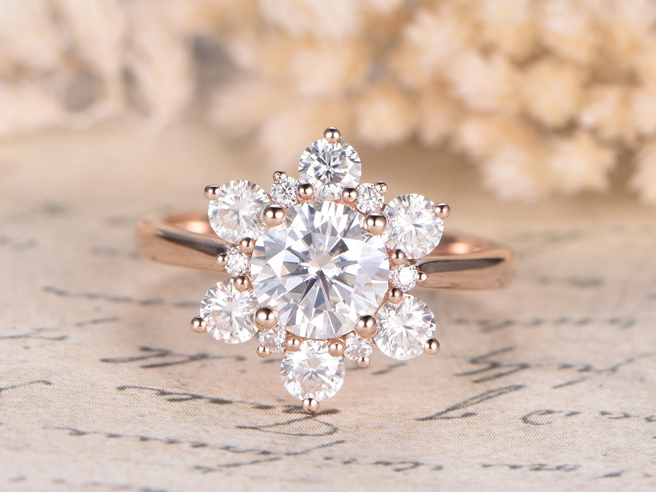 6.5mm-round-cut-moissanite-engagement-ring-14k-rose-gold-art-deco-ring-moissanite-halo-plain-band