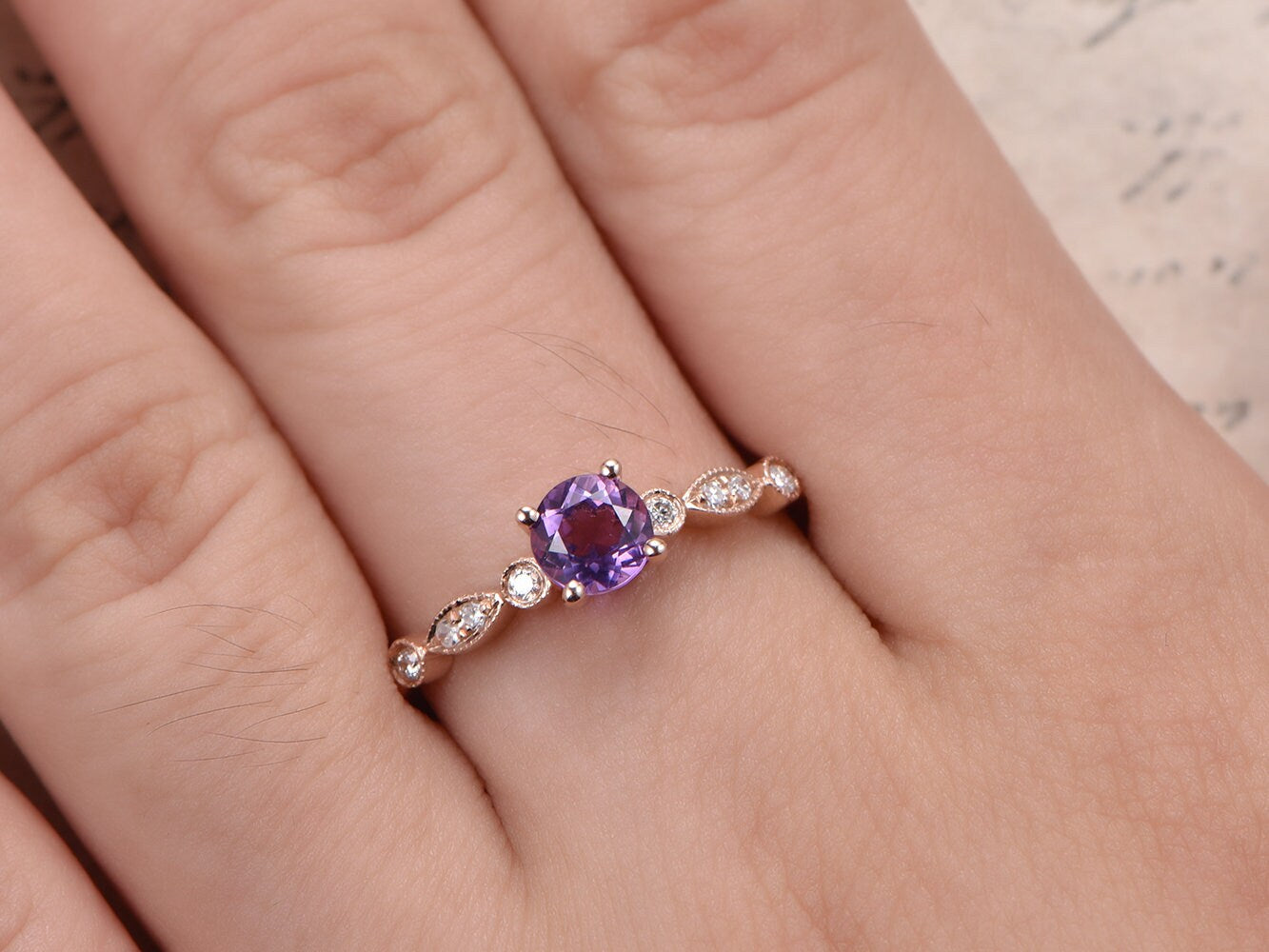 Bague de fiançailles en améthyste, alliance en or rose 14 carats sertie de diamants, demi-alliance, bague de mariage, améthyste de 5 mm, bague femme, bague de promesse