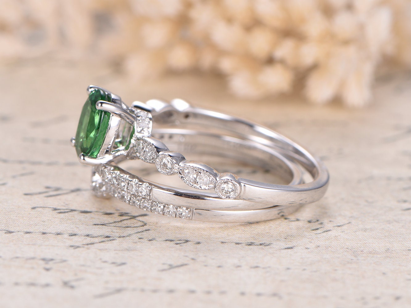 5x7mm-oval-cut-tsavorite-engagement-ring-set-3pcs-14k-white-gold-diamond-accent-two-curved-matching-band