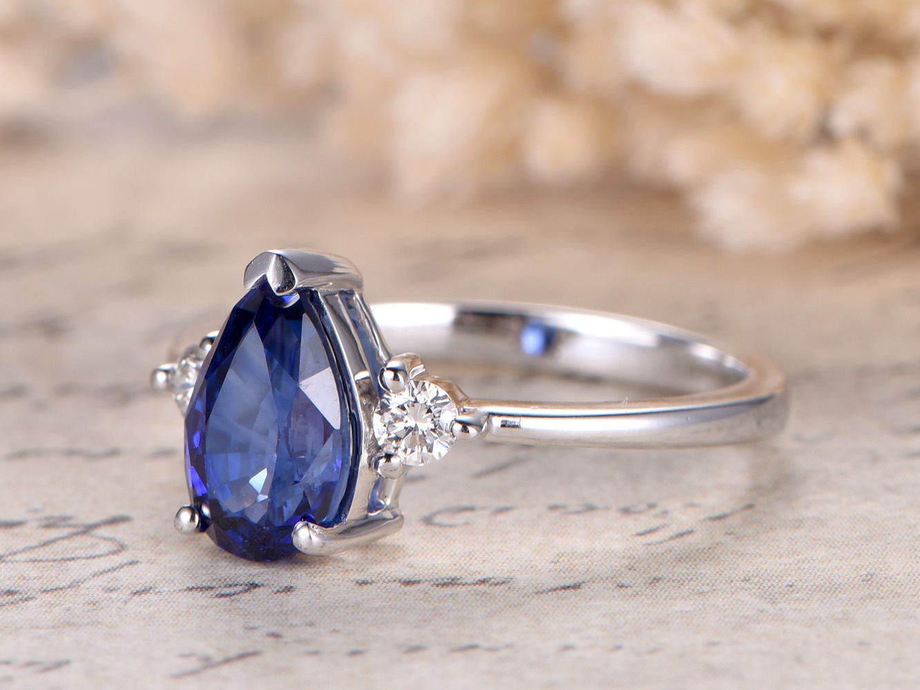 6x9mm Pear Cut Sapphire Engagement Ring 14K White Gold Three Stone Plain Band