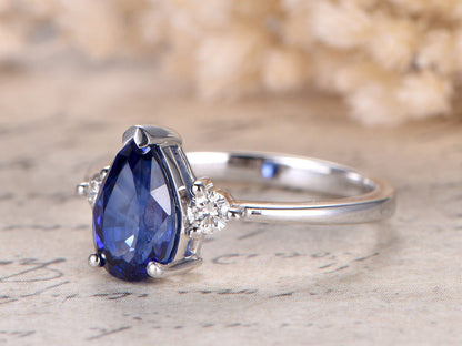 6x9mm Pear Cut Sapphire Engagement Ring 14K White Gold Three Stone Plain Band