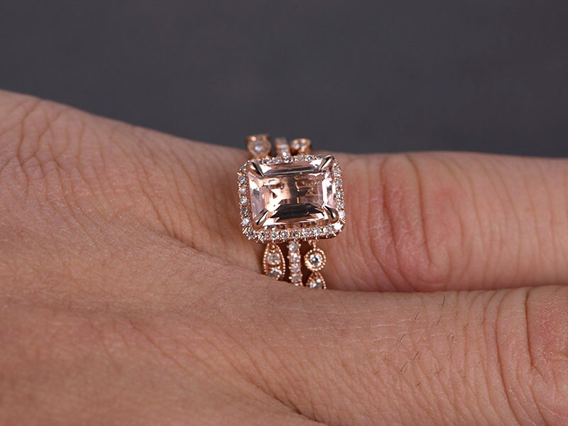6x8mm-emerald-cut-morganite-engagement-ring-set-3pcs-14k-rose-gold-diamond-halo-two-art-deco-bands