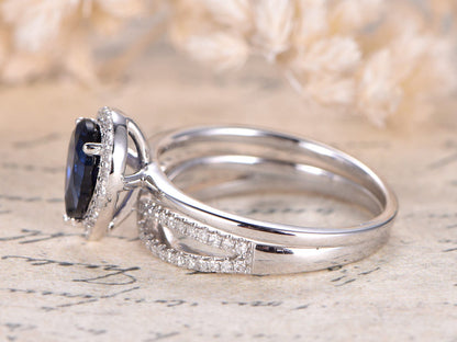 6x8mm Pear Cut Blue Sapphire Engagement Ring Set 2ps 14K White Gold And Diamond Split Shank Band