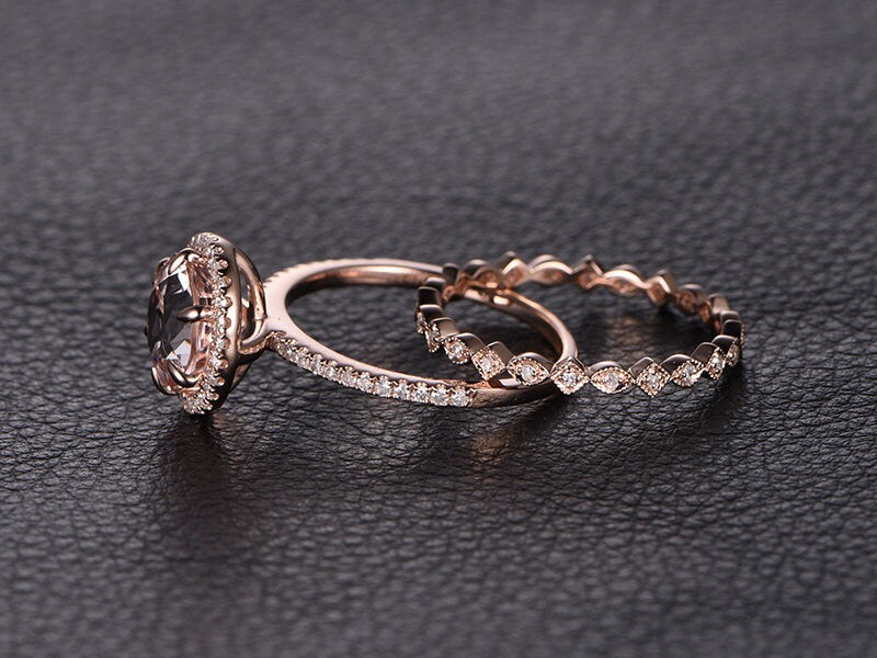 8mm Round Cut Morganite Engagement Ring Set 2pcs 14K Rose Gold Diamond Halo | Full Eternity Art Deco Band