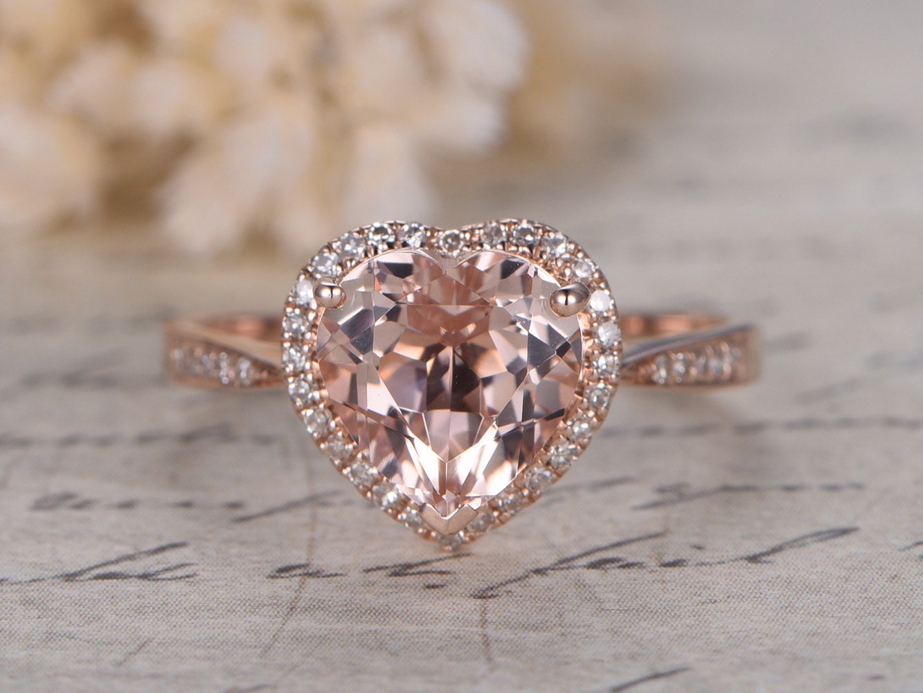 Bague de fiançailles en morganite en forme de cœur, pierre précieuse rose ronde de 8 mm, bague de promesse, alliance en or rose 14 carats avec diamants, pour femme
