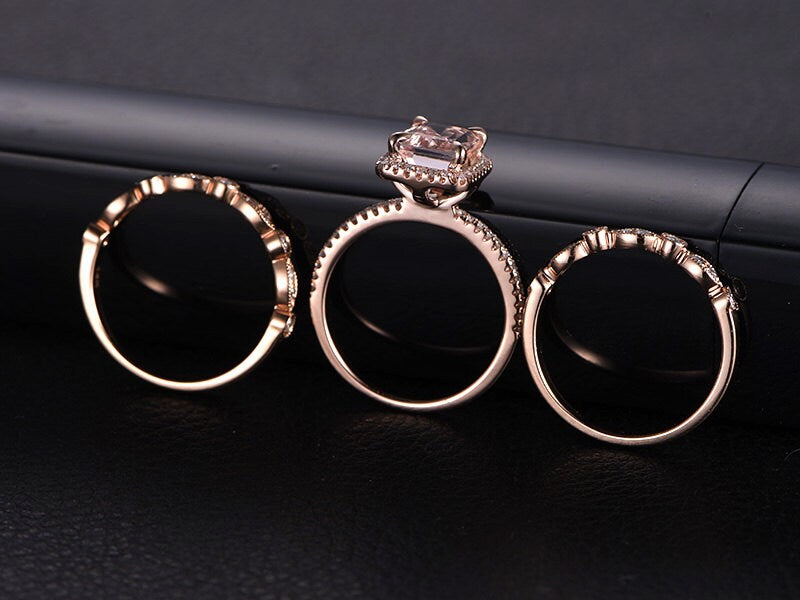 6x8mm-emerald-cut-morganite-engagement-ring-set-3pcs-14k-rose-gold-diamond-halo-two-art-deco-bands