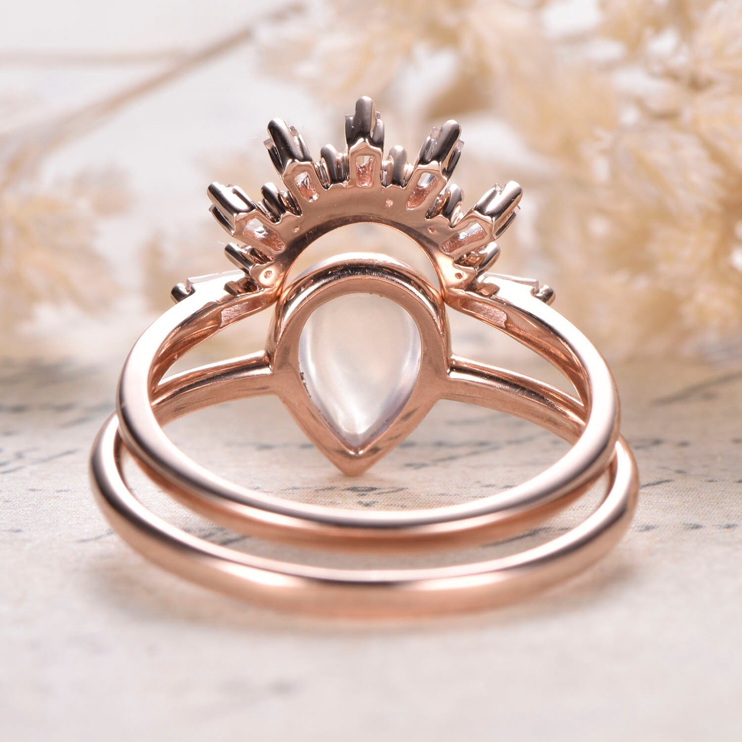 6x8mm-pear-cut-moonstone-engagement-ring-set-2pcs-14k-rose-gold-crown-design-matching-band