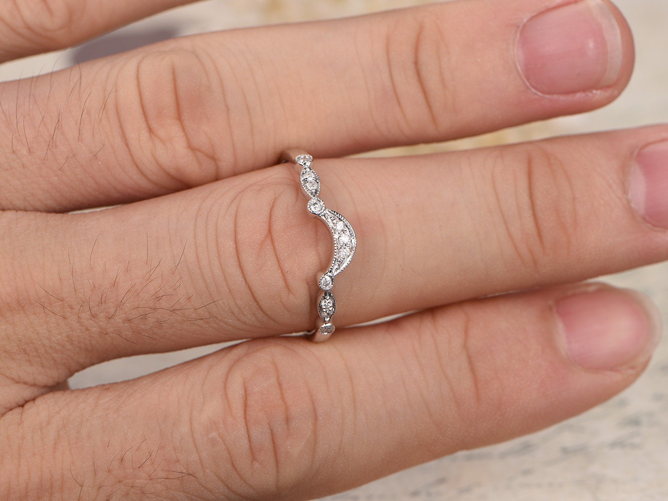 Bague personnalisée en or rose 14 carats, alliance arche, demi-alliance, bague empilable, sertie clos, bague marquise et point, moissanite disponible