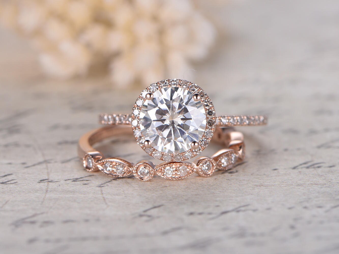 7mm-round-cut-moissanite-engagement-ring-set-2pcs-solid-14k-rose-gold-diamond-halo-half-eternity-art-deco-matching-band