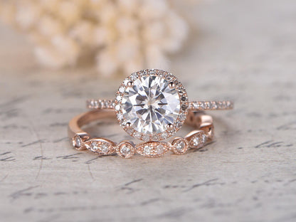 7mm-round-cut-moissanite-engagement-ring-set-2pcs-solid-14k-rose-gold-diamond-halo-half-eternity-art-deco-matching-band