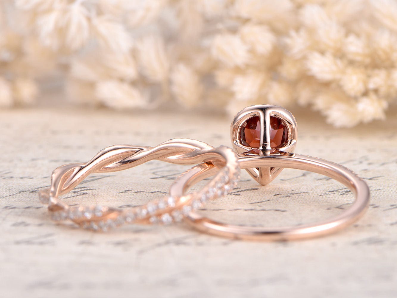 5x7mm Pear Cut Garnet Engagement Ring Set 2pcs 14K Rose Gold Diamond Halo | Full Eternity Twist Matching Band